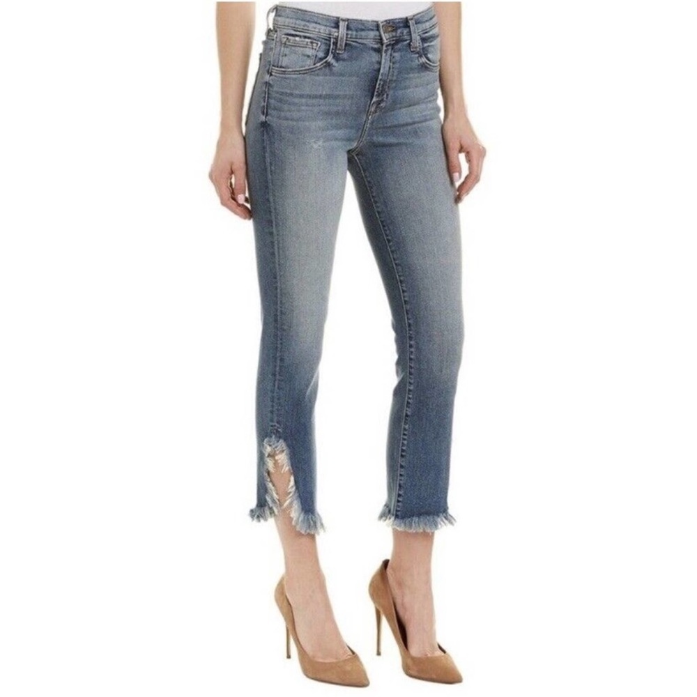 J Brand Women's Ruby Jaded High Rise Distressed Raw Hem Blue Ankle Jeans 25